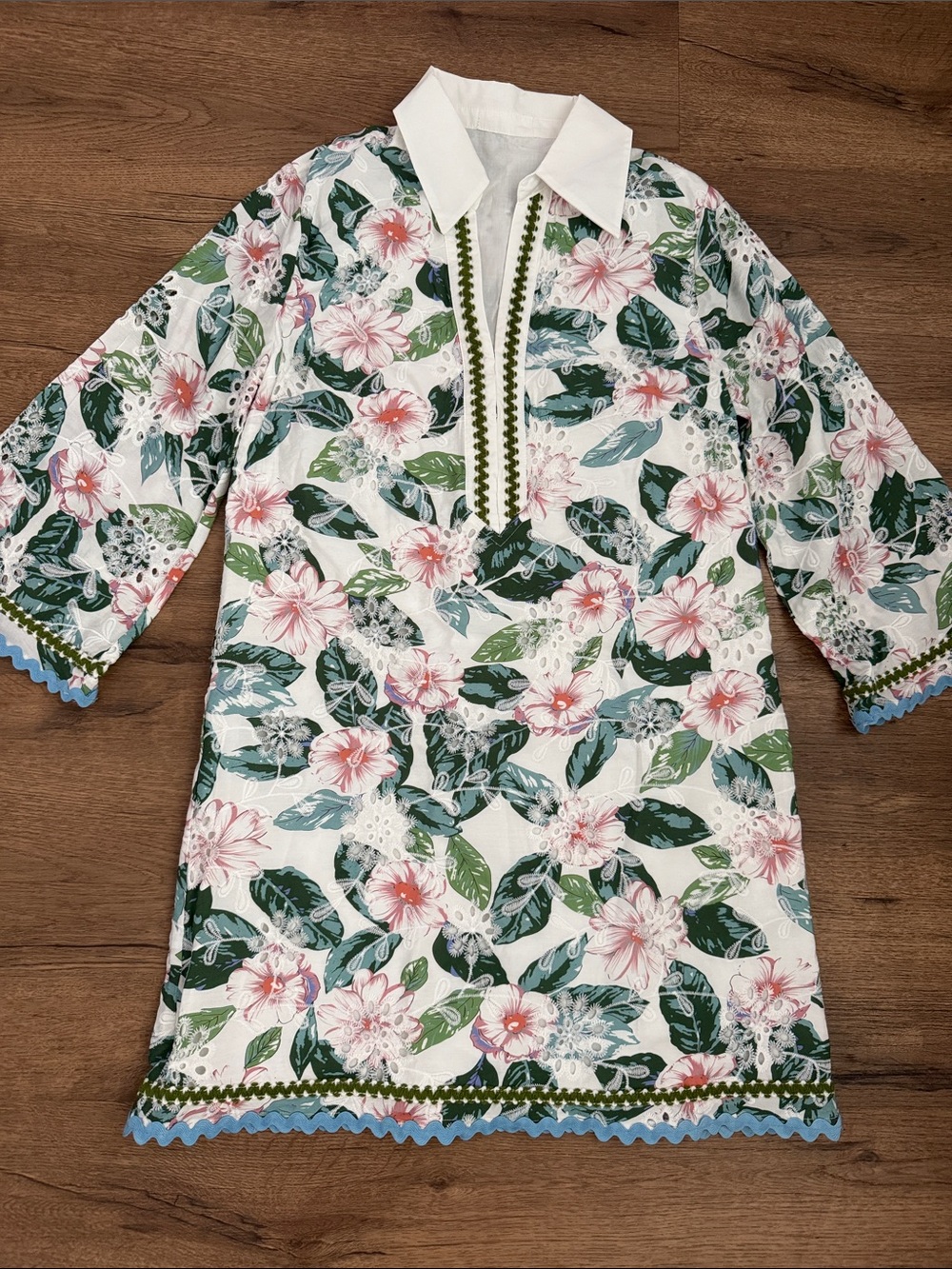 Amazon White Floral Mini Dress with Pink & Green Print